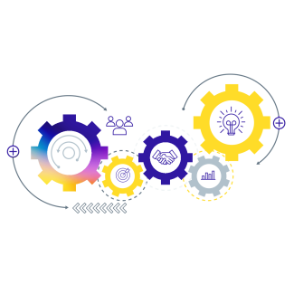 Multicolored web development icons and cogs