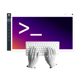 Hands typing code on a gradient screen