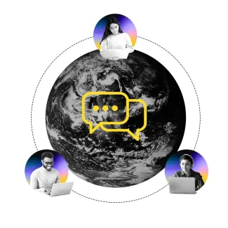 Picture of a globe with images of developers on their laptops on the perimeter.