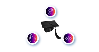 A collage featuring a graduation cap surrounded by accessibility icons for sight, hearing and touch. 