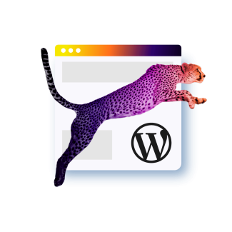A collage featuring a cheetah jumping over the WordPress logo.