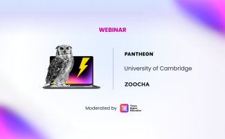 A webinar invitation card featuring an owl and four participants: Pantheon, University of Cambridge, Zoocha and Times Higher Ed. 