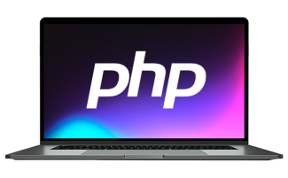 A collage featuring an open laptop with PHP on its screen.