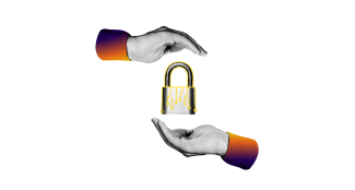 A collage featuring two hands holding a secure lock