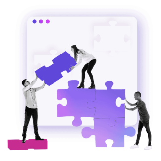 A collage featuring people putting together a giant puzzle