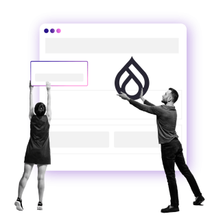 A collage with two people interacting with a web design interface, one placing a content block and the other holding a droplet-shaped logo, set against a purple background.