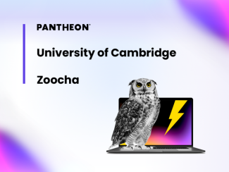 A card showing an owl next to a laptop with three company names featured in the top left: Pantheon, University of Cambridge and Zoocha.