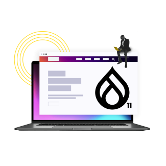 A collage featuring a laptop with the Drupal 11 logo and a figure seated on the screen, symbolizing digital innovation.