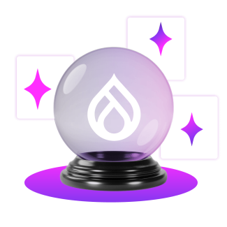 A collage featuring a crystal ball with a drupal logo in in with stars around it.