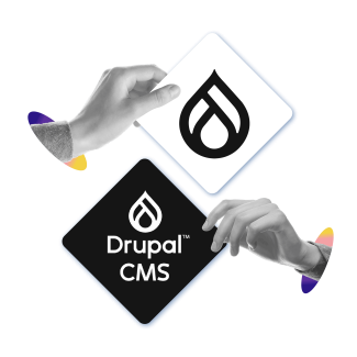 A collage featuring two hands holding Drupal CMS logos in them.