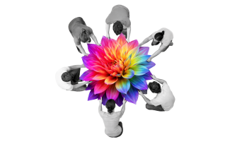 Six people holding petals of a bright flower, transparent background