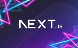 Next.js logo on a dark purple background with neon geometric shapes