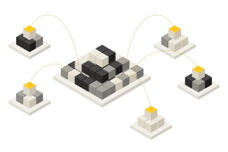 Multi-colored blocks stacked in center with groups of blocks surrounding middle platform